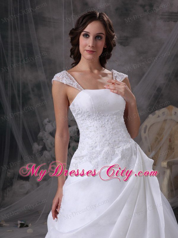 Square Train Satin and Organza Embriodery Decorated Wedding Dress